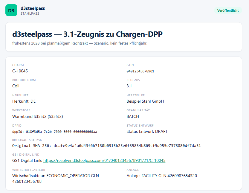 Beispiellauf eines veröffentlichten Chargenpasses: Coil C-10045, Zeugnis 3.1, Beispiel Stahl GmbH.