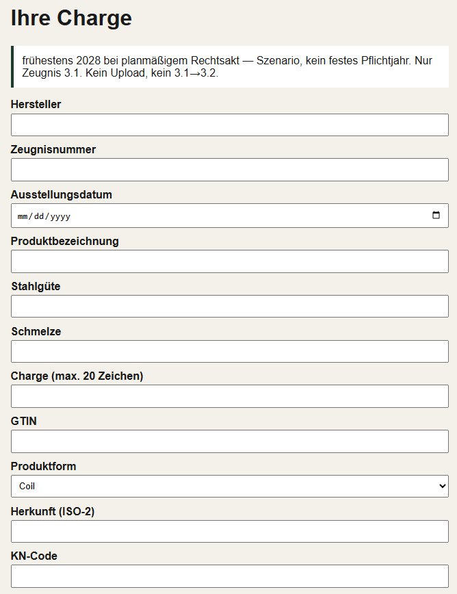 Erfassung einer Charge. Hinweis im Formular: ein 3.1-Zeugnis bleibt 3.1 und wird nicht auf 3.2 hochgestuft.